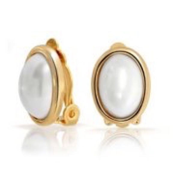 Jewelry - Pearl Cabochon Bezel Oval Clip On Earrings